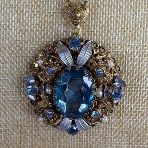 Vintage Western Germany Gold and Blue Pendant Necklace